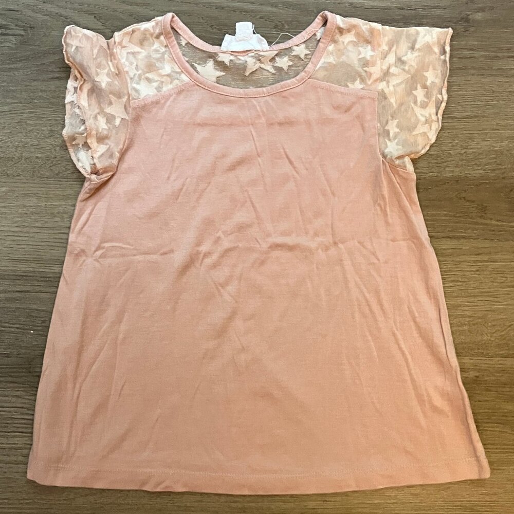 Cloud Chaser 8/10 Solid Pink Top with Sheer Star Print Flutter Sleeves